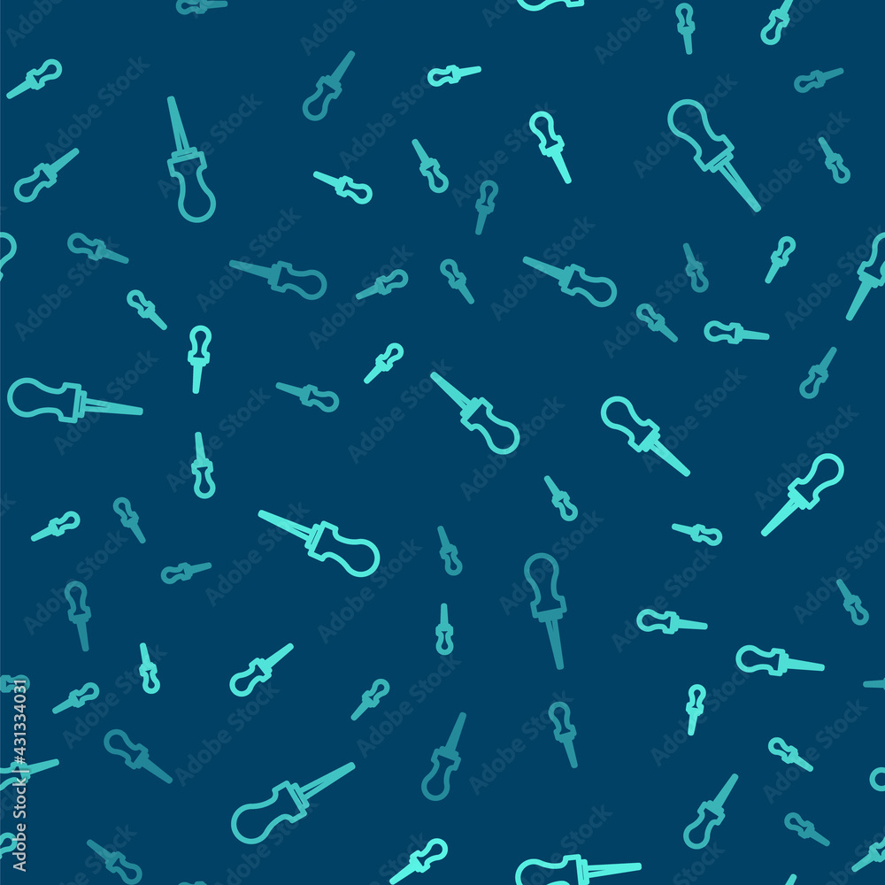 Green line Awl tool with wooden handle icon isolated seamless pattern on blue background. Work equipment tailor industry. Vector Green line Awl tool with wooden handle icon isolated seamless pattern on blue background. Work equipment tailor industry. Vector