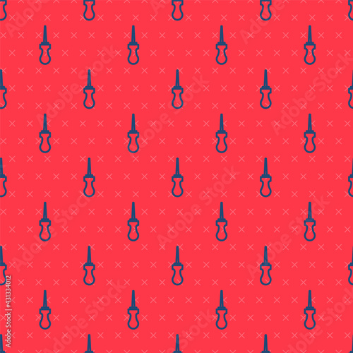 Blue line Awl tool with wooden handle icon isolated seamless pattern on red background. Work equipment tailor industry. Vector
