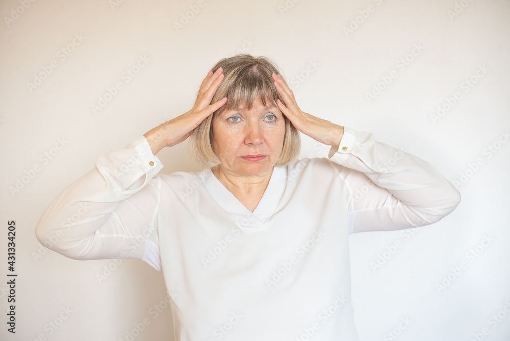 Stressed senior woman psychological health. Screams from depression, panic attack, violence, migraine, climax, despair, dizziness, migraine, emotional anxiety. Tired lady loneliness and pain concept Stressed senior woman psychological health. Screams from depression, panic attack, violence, migraine, climax, despair, dizziness, migraine, emotional anxiety. Tired lady loneliness and pain concept
