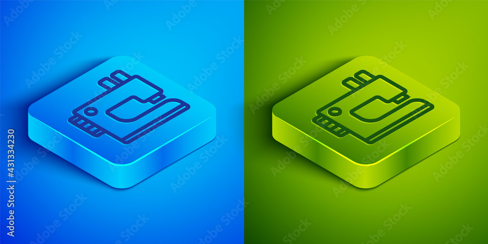 Isometric line Sewing machine icon isolated on blue and green background. Square button. Vector Isometric line Sewing machine icon isolated on blue and green background. Square button. Vector