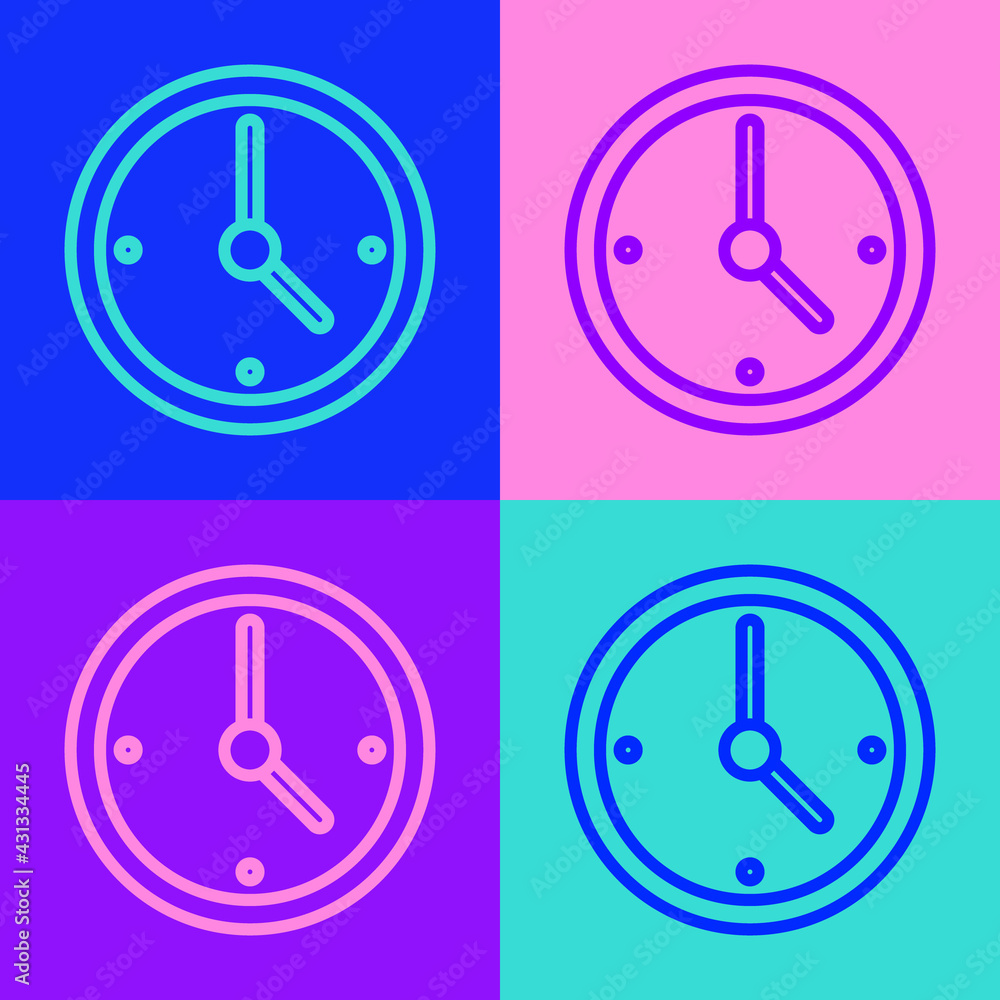 Pop art line Clock icon isolated on color background. Time symbol. Vector Pop art line Clock icon isolated on color background. Time symbol. Vector