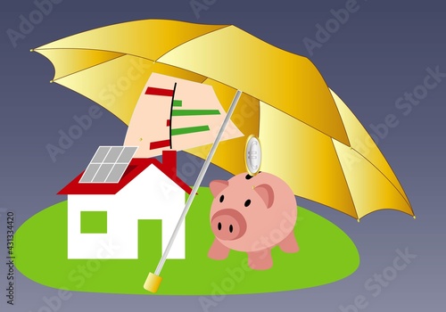 Paraguas protegiendo una casa, las inversiones y el ahorro. Vivienda con placas solares, hucha cerdo con una moneda de un euro e informe de inversiones en bolsa. Educación financiera
