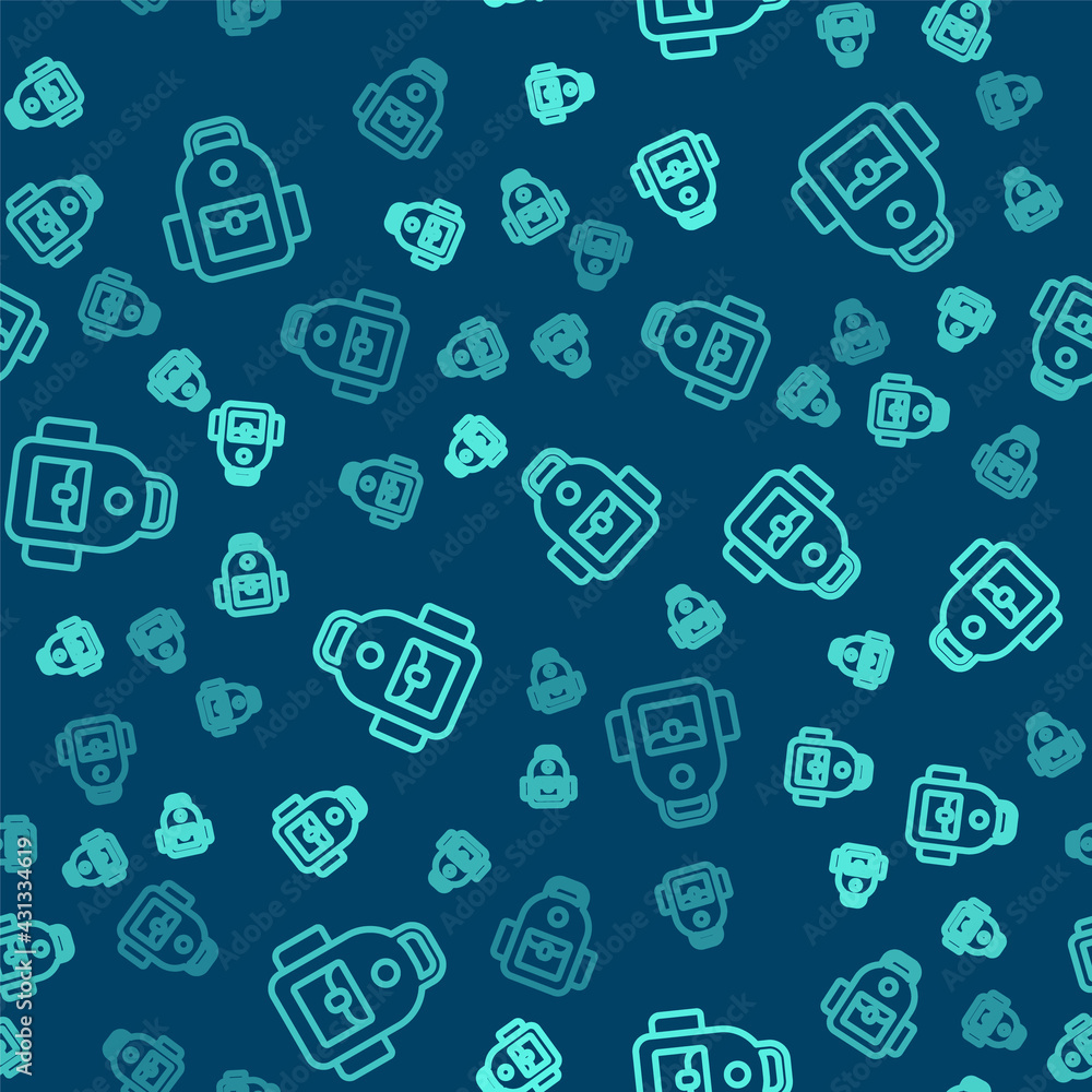 Green line School backpack icon isolated seamless pattern on blue background. Vector Green line School backpack icon isolated seamless pattern on blue background. Vector