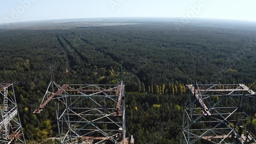 Aerial Drone view of Duga horizon radar system in Chernobyl. Woodpecker Duga 2 drone flight in the exclusion zone of Chernobyl. photo