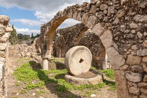 The remains oil or wine press in the ruins of the Maresha city in Beit Guvrin, near Kiryat Gat, in Israel