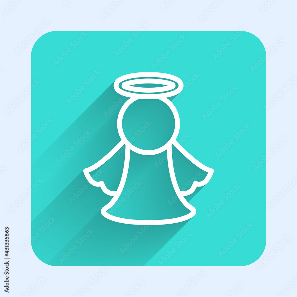 Obraz premium White line Angel icon isolated with long shadow. Green square button. Vector