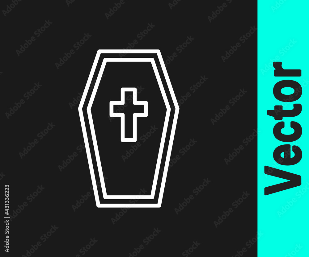 White line Coffin with christian cross icon isolated on black background. Happy Halloween party. Vector White line Coffin with christian cross icon isolated on black background. Happy Halloween party. Vector