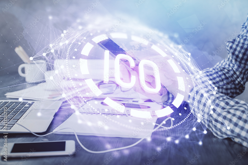 Double exposure of man's hands holding and using a phone and crypto currency blockchain theme drawing. Double exposure of man's hands holding and using a phone and crypto currency blockchain theme drawing.