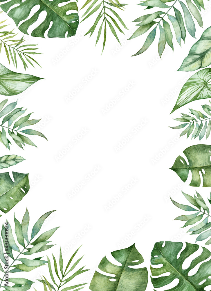 Frame for greeting card with watercolor tropical leaves