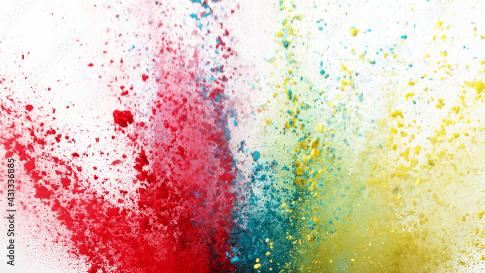 Colored powder explosion, isolated on white background