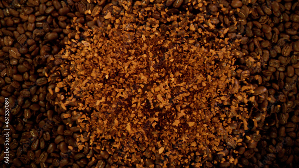 Instant coffee grains explosion, top view. Instant coffee grains explosion, top view.