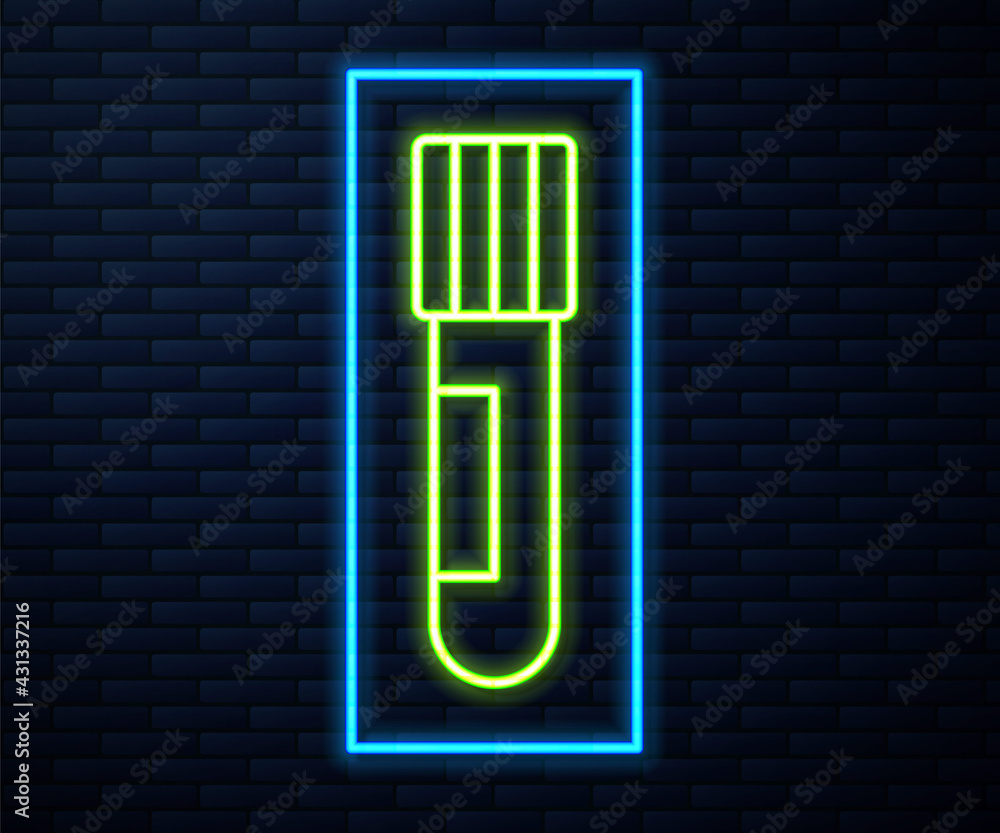 Glowing neon line Test tube and flask chemical laboratory test icon isolated on brick wall background. Laboratory glassware sign. Vector Glowing neon line Test tube and flask chemical laboratory test icon isolated on brick wall background. Laboratory glassware sign. Vector