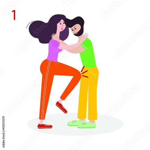 Self-defense. Self-defense technique for a woman. Protection from bullies. Vector educational illustration. First image of eight.