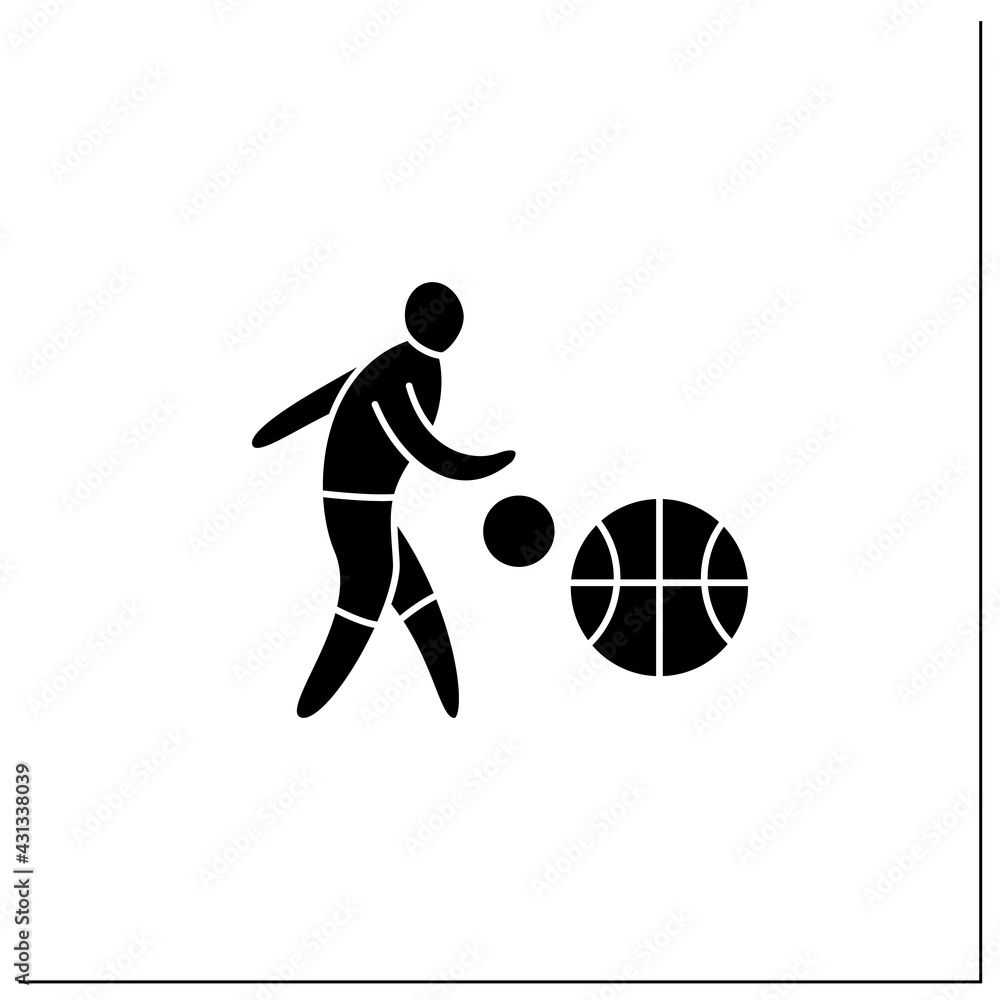 Fototapeta premium Basketball glyph icon. Team sport. Shooting ball through defender hoop. Athletic competition concept.Filled flat sign. Isolated silhouette vector illustration