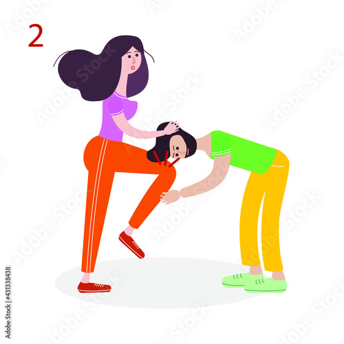 Self-defense. Self-defense technique for a woman. Protection from bullies. Vector educational illustration. Second image of eight.