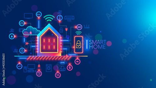 Smart home system concept. Phone controls works, safety of smart devices in house. Smartphone app of monitoring, setting of algorithm autonomous works of household appliances. Internet of things. IOT
