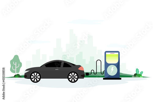 Fototapeta Naklejka Na Ścianę i Meble -  Electric car charging its battery with natural landscape, concept illustration for green environment, ecology, sustainability, clean air, technology future. Vector flat design style.