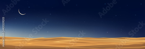 Fototapeta Naklejka Na Ścianę i Meble -  Ramadan Kareem greeting card design background with desert landscape sand dunes,Crescent moon,star dark blue at night,Vector Islamic religions symbolic of Islam or Muslim for Eid Mubarak,Eid al fitr