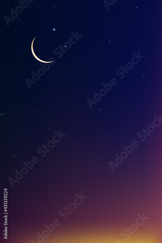 Ramadan Sky for Islamic greeting card design background with Crescent Moon and star on colourful sunset sky background, Vector religions symbolic of Islamic or Muslim for Ramadan Kareem, Eid Mubarak