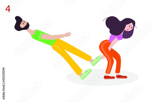 Self-defense. Self-defense technique for a woman. Protection from bullies. Vector educational illustration. The fourth image of eight.