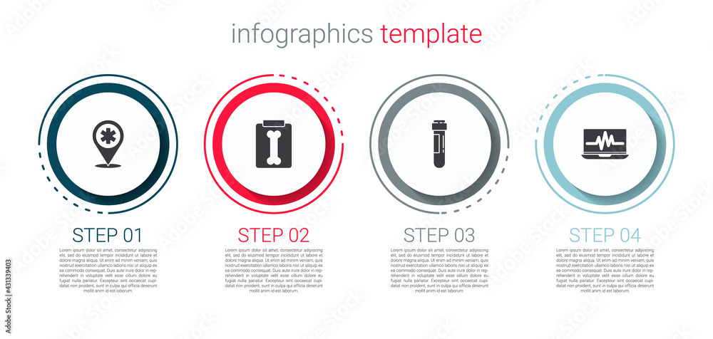 Set Map pointer with cross hospital, X-ray shots, Test tube blood and Laptop cardiogram. Business infographic template. Vector Set Map pointer with cross hospital, X-ray shots, Test tube blood and Laptop cardiogram. Business infographic template. Vector