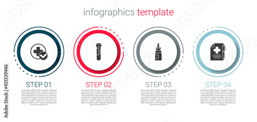 Set Cross hospital medical, Test tube with blood, Bottle nasal spray and Medical prescription and pen. Business infographic template. Vector