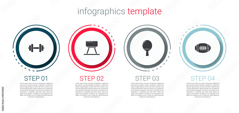 Set Dumbbell, Pommel horse, Racket for playing table tennis and American Football ball. Business infographic template. Vector Set Dumbbell, Pommel horse, Racket for playing table tennis and American Football ball. Business infographic template. Vector