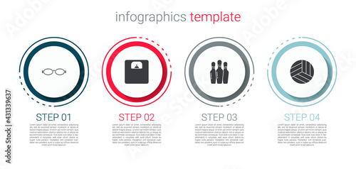 Set Glasses for swimming, Bathroom scales, Bowling pin and Volleyball ball. Business infographic template. Vector