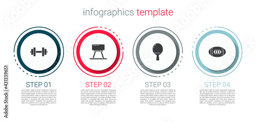 Set Dumbbell, Pommel horse, Racket for playing table tennis and American Football ball. Business infographic template. Vector
