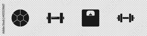 Set Football ball, Dumbbell, Bathroom scales and icon. Vector