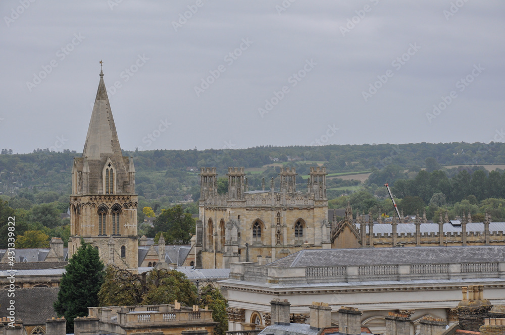 Rooftop view towards Christ Church Cathedral on an overcast day, Oxford, United Kingdom.