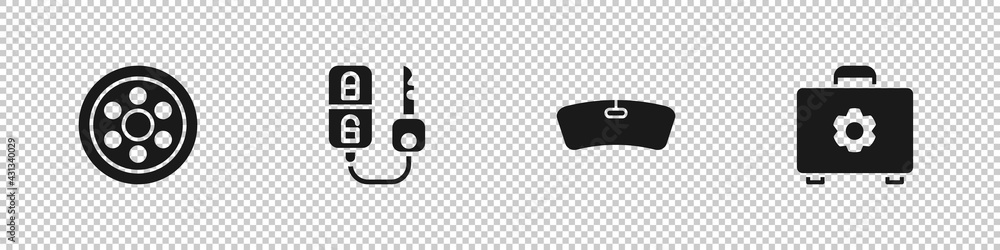 Set Alloy wheel, Car key with remote, Windshield and Toolbox icon. Vector Set Alloy wheel, Car key with remote, Windshield and Toolbox icon. Vector
