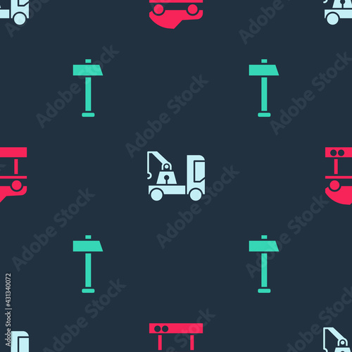 Set Repair car on a lift, Tow truck and Hammer on seamless pattern. Vector