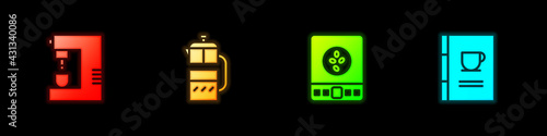 Set Coffee machine, French press, Electronic coffee scales and book icon. Vector