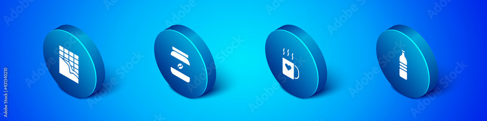 Set Isometric Chocolate bar, Coffee cup and heart, Bottle water and jar bottle icon. Vector Set Isometric Chocolate bar, Coffee cup and heart, Bottle water and jar bottle icon. Vector