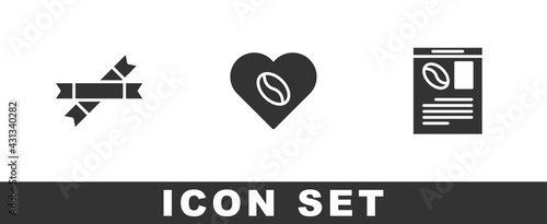 Set Sugar stick packets, Coffee Lovers and Newspaper and coffee icon. Vector