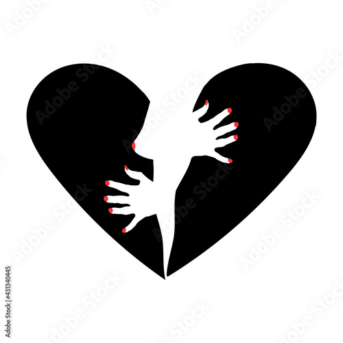 Female silhouette in the heart silhouette heart broken. An intriguing female silhouette with bare breasts and a beautiful manicure Isolated on a white background.