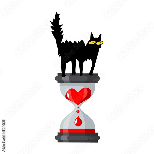 Collection of magic items, Symbols of Witchcraft, Hourglass with a Black cat, Vector illustration