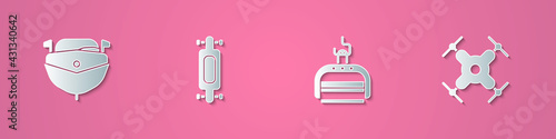 Set paper cut Speedboat, Longboard or skateboard, Ski lift and Drone flying icon. Paper art style. Vector