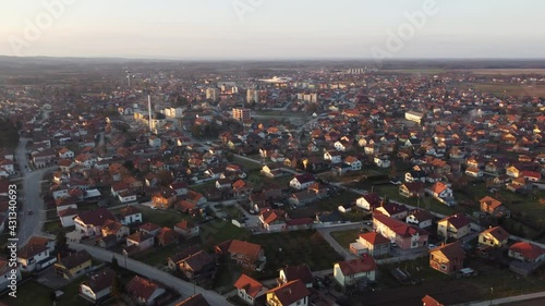 Aerial drone view of Odzak, town and municipality in north Bosnia and Herzegovina. Panoramic view. Posavina region. photo