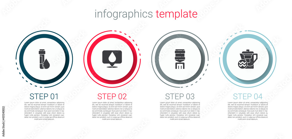 Set Test tube with water drop, Water location, cooler and jug filter. Business infographic template. Vector Set Test tube with water drop, Water location, cooler and jug filter. Business infographic template. Vector
