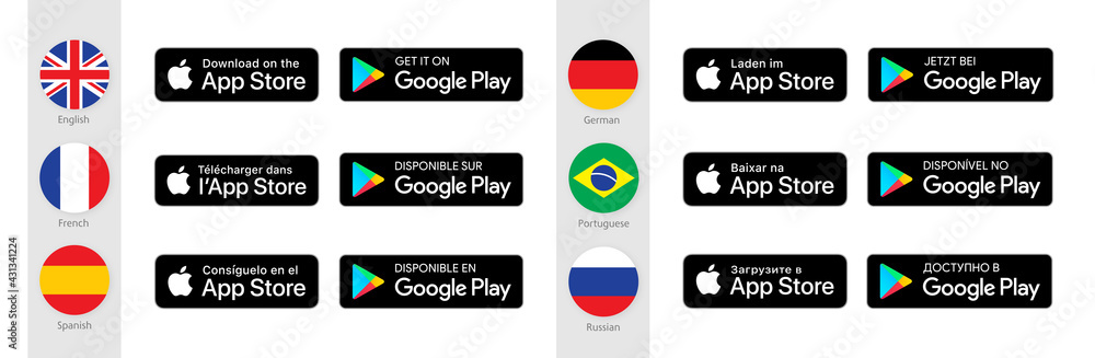 Vetor de Badges Google Play store, Apple App store, different languages.  Download app buttons in English, German, French, Portuguese, Spanish,  Russian version. Isolated vector illustration. do Stock