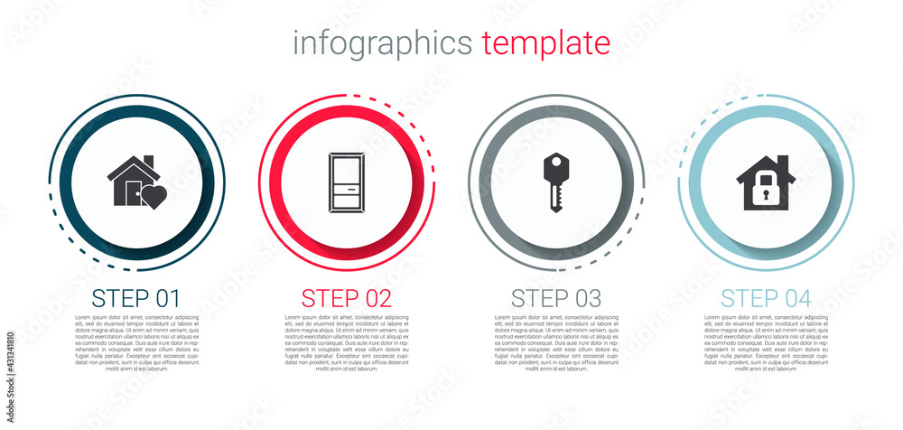 Set House with heart shape, Closed door, key and under protection. Business infographic template. Vector Set House with heart shape, Closed door, key and under protection. Business infographic template. Vector