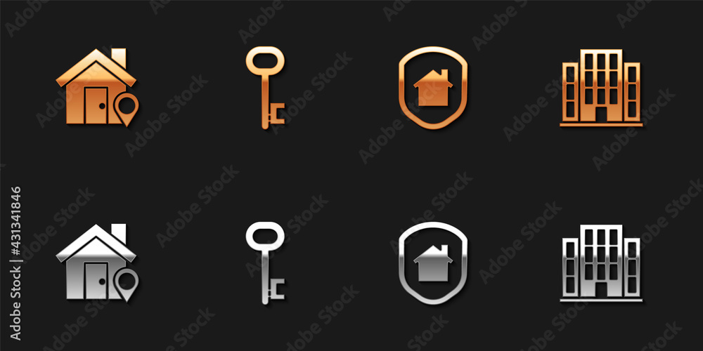 Set Location with house, House key, under protection and icon. Vector Set Location with house, House key, under protection and icon. Vector