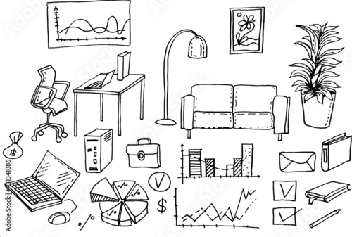 Business doodles sketch graphic illustration hand drawn print. Isolated elements on white background development office work finance