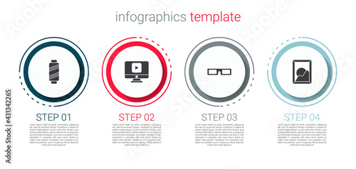 Set Sewing thread on spool, Online play video, Cinema glasses and Picture landscape. Business infographic template. Vector