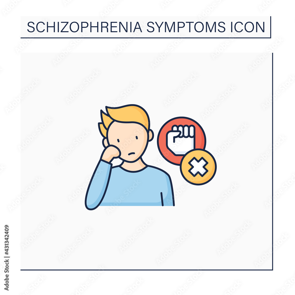 Negative symptoms color icon.Low interest, enthusiasm.Problems with motivation, lack of self-care.Schizophrenia symptoms concept. Isolated vector illustration Negative symptoms color icon.Low interest, enthusiasm.Problems with motivation, lack of self-care.Schizophrenia symptoms concept. Isolated vector illustration