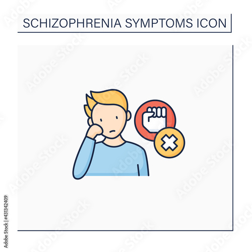 Negative symptoms color icon.Low interest, enthusiasm.Problems with motivation, lack of self-care.Schizophrenia symptoms concept. Isolated vector illustration
