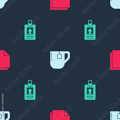 Set Post note stickers, Cup of tea with tea bag and Identification badge on seamless pattern. Vector