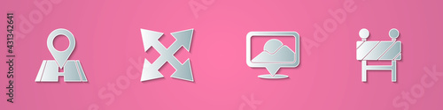Set paper cut Location, Road traffic sign, and barrier icon. Paper art style. Vector